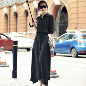 2023春秋装韩版时尚休闲收腰设计黑色长裙修身显瘦气质长款连衣裙