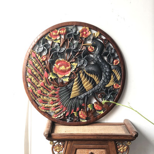 包邮异域风情手工彩绘圆形孔雀镂空泰国木雕花板客厅实木壁饰挂屏