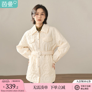 【商场同款】茵曼2022冬装新款简约纯色落肩袖型衬衫式棉衣外套女