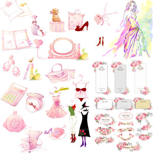 手绘水彩粉红色生活用品服饰女装包包玫瑰花朵矢量效果图设计素材
