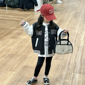 女童拼色棒球服外套2024春季新款儿童韩版小女孩字母短款开衫夹克