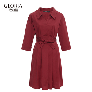 商场同款|Gloria/歌莉娅女装2019夏衬衫领收腰连衣裙
