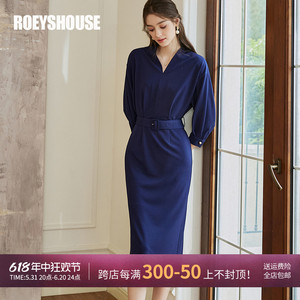 罗衣高级深蓝色针织连衣裙女2024夏季新款时尚V领系带中长裙10056
