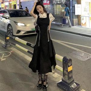 套装夏季黑色学院风不规则背带连衣裙女学生韩版宽松中长款两件套