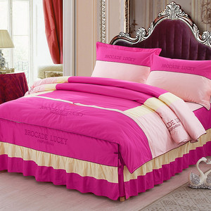 田园风玫红色全棉床裙床罩式四件套纯棉1.8m花边床罩被罩床上用品