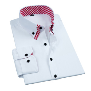 男士双领长袖衬衫时尚商务休闲春秋纯色修身白领高领衬衣男装潮流