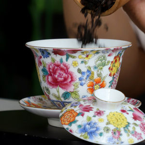 珐琅彩盖碗茶杯茶具陶瓷中号精致万花粉彩泡茶碗青花白瓷单个家用