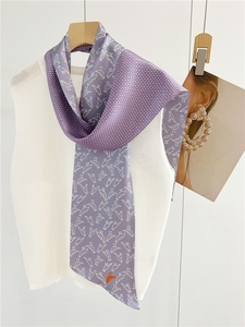 紫色简约线条真丝围巾春夏季百搭长款双层双面桑蚕丝飘带装饰领巾
