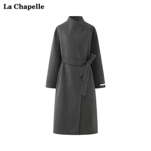 拉夏贝尔/La Chapelle立领绵羊毛双面尼高级感系带长款毛呢大衣冬
