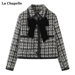 拉夏贝尔/La Chapelle春新款黑色小香风外套气质女翻领粗花呢上衣