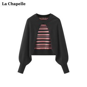 拉夏贝尔/La Chapelle条纹背心马甲黑色小众披肩外搭针织套装女春