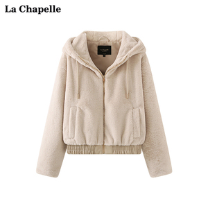 拉夏贝尔/La Chapelle连帽人造皮草毛毛外套女短款气质夹克服上衣