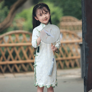女童旗袍2024春季新款长袖洋气中国风蕾丝连衣裙复古中式国风秋款