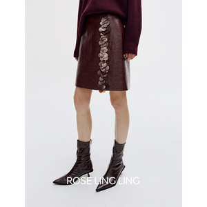 RoseLingLing派对焦点 镜面漆皮&金属手工刺绣珠片装饰包臀皮半裙