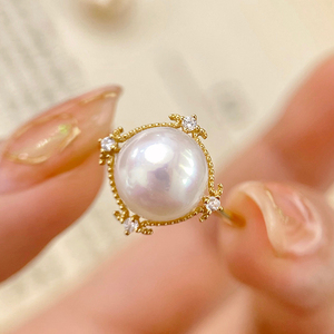 18K金锆石9-10mm海水珍珠戒指配件几何复古印花圆形裸珠戒托空托
