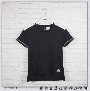 阿迪达斯针织棉涤透气吸汗女子运动型格串标圆领短袖T恤 CX5156
