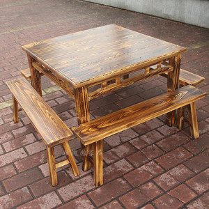 加厚复古炭烧松木方桌饭店餐桌凳子中式古典八仙桌椅实木火锅桌椅
