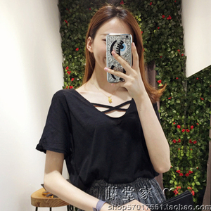 藤堂家大码，韩版2016夏季女装新款低领交叉带纯色学院风短袖T恤