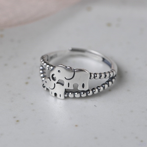 【吉象】纯银戒指S925银开口指环女泰银复古大象小象银饰时尚个性