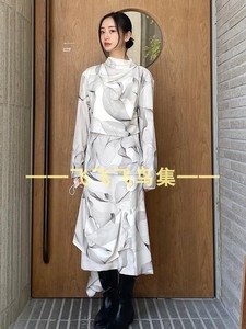 韩LowClassic原小众设计抽象线条印花荡领衬衫层次皱褶半身裙套装