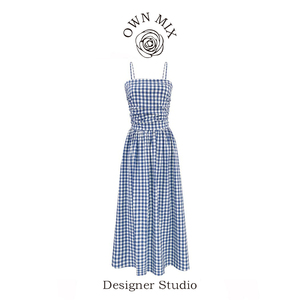 OWNMIX2023夏季新款格子小众设计法式一字肩抹胸吊带连衣裙中长款