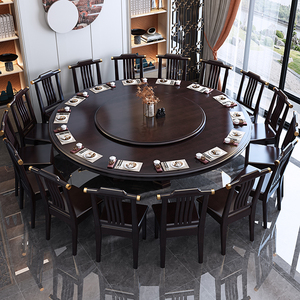 新中式实木圆餐桌椅组合家用圆形带转盘10人橡木大圆桌子火锅饭桌