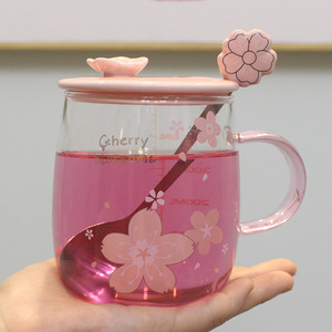 日系樱花平底可加热玻璃杯子耐热水杯马克杯办公室女用花茶带盖勺
