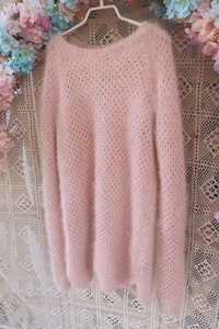 2019淡粉色圆领棒针粗线编织松软高弹性柔软毛茸茸中长款套头毛衣