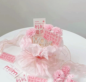 母亲节雪梨纸蛋糕装饰围边丝带仙女妈妈仿真康乃馨鲜花束烘焙插件