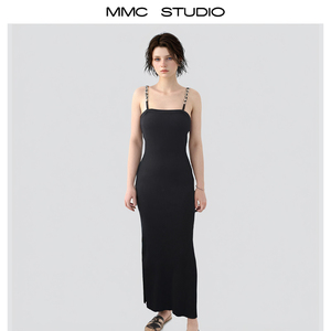 MMC M家法式重工修身黑色吊带针织连衣裙冰麻气质2024早春新款女