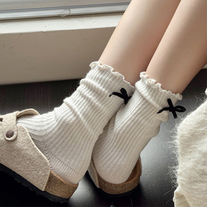 米白色小腿袜女秋冬款甜美棉短袜竖条纹小香风堆堆袜灰色中筒袜子