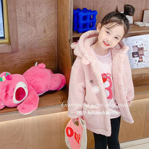 女童可爱粉色羊羔毛卡通草莓熊中长款外套女宝高品质正版毛毛大衣