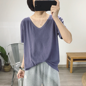 短袖t恤女紫色宽松V领2024年夏季新款韩版亚麻白色休闲上衣ins潮