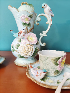 方亚陶瓷精致手绘花鸟茶具咖啡具杯壶组合套装家用田园复古蓝装饰