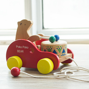 学步拖拉牵引木制早教玩具儿童益智榉木小熊敲鼓拉拉车彩盒版