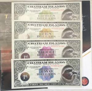 查塔姆群岛塑料纪念钞2-3-10-15元0123全同号1999千禧年首发册装