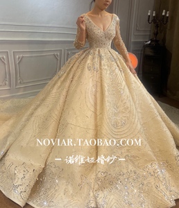 诺维娅婚纱2021新款新娘结婚奢华宫廷大拖尾高级定制 V领长袖显瘦