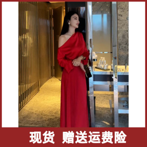 现货|法式高端轻奢宴会礼服气质名媛女神范红色醋酸缎面连衣裙女