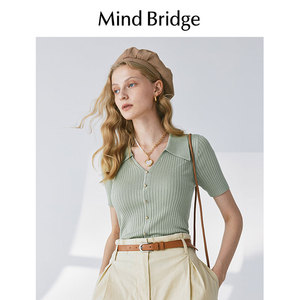 Mind Bridge 新款女装V领针织衫薄款POLO领短袖上衣M0273B70052