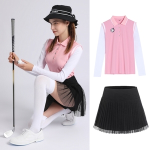 高尔夫服装女春秋季长袖T恤有领POLO衫golf衣服女装百褶短裙套装