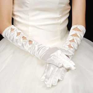 蝴蝶结镂空缎面长手套舞会演出摄影手套黑白色结婚婚纱礼服手套女