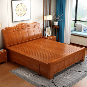 1米8橡木实木床双人床现代简约木头床1.5储物大床200x220工厂直销