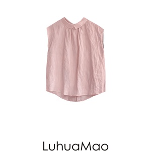 LuhuaMao邻家女孩粉色短袖衬衫女夏季薄款日系文艺两面穿亚麻衬衣