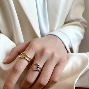 YUYUJIANG法式chic时髦金色925纯银戒指女交叉开口可调节指环气质