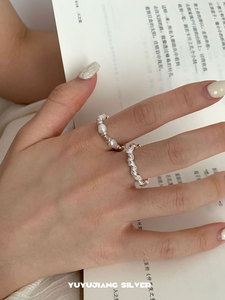 UU韩国s925纯银串珠小银块珍珠戒指扭结麻花指环个性食指戒百搭女