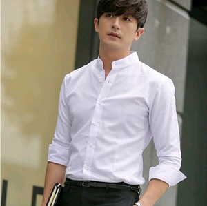 夏款立领白衬衫男长袖韩版修身免烫圆领衬衣青年中山装小领寸衫