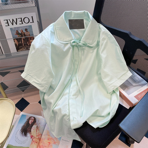 森系薄荷绿独特双层领系带衬衫男女夏季港风小众法式甜美短袖上衣