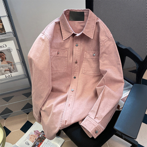 美式复古设计感粉色牛仔衬衫外套男女春秋季薄款宽松工装正肩上衣