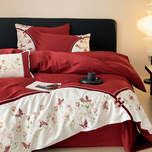 新中式全棉红色结婚刺绣喜被套法式玫瑰100支长绒棉四件套床单品4