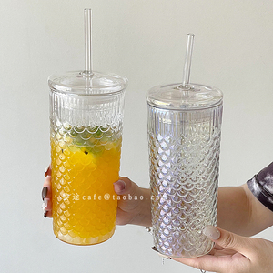 新款创意设计美人鱼鳞片果茶杯高级感炫彩带盖吸管杯饮品杯随手杯